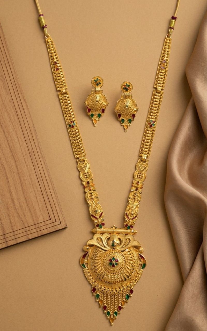 Gold Plated Long Minimal Necklace Haar for Women | Adjustable Traditional Wedding Jewellery | Elegant Gold Necklace | RJ-4