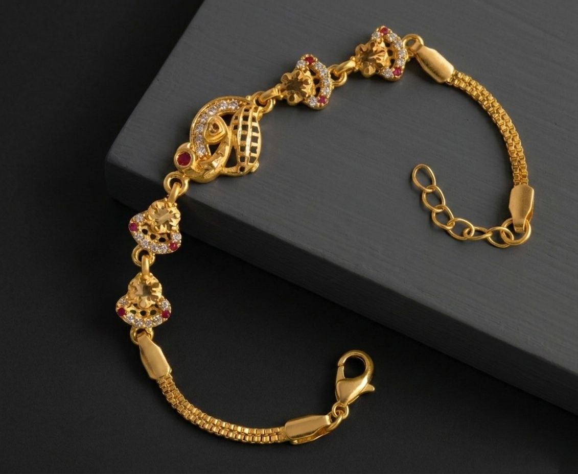 Gold Plated CZ Diamond Chain Bracelet for Women | Adjustable Brass Fancy Bracelet | Party & Daily Wear Jewellery | B-61