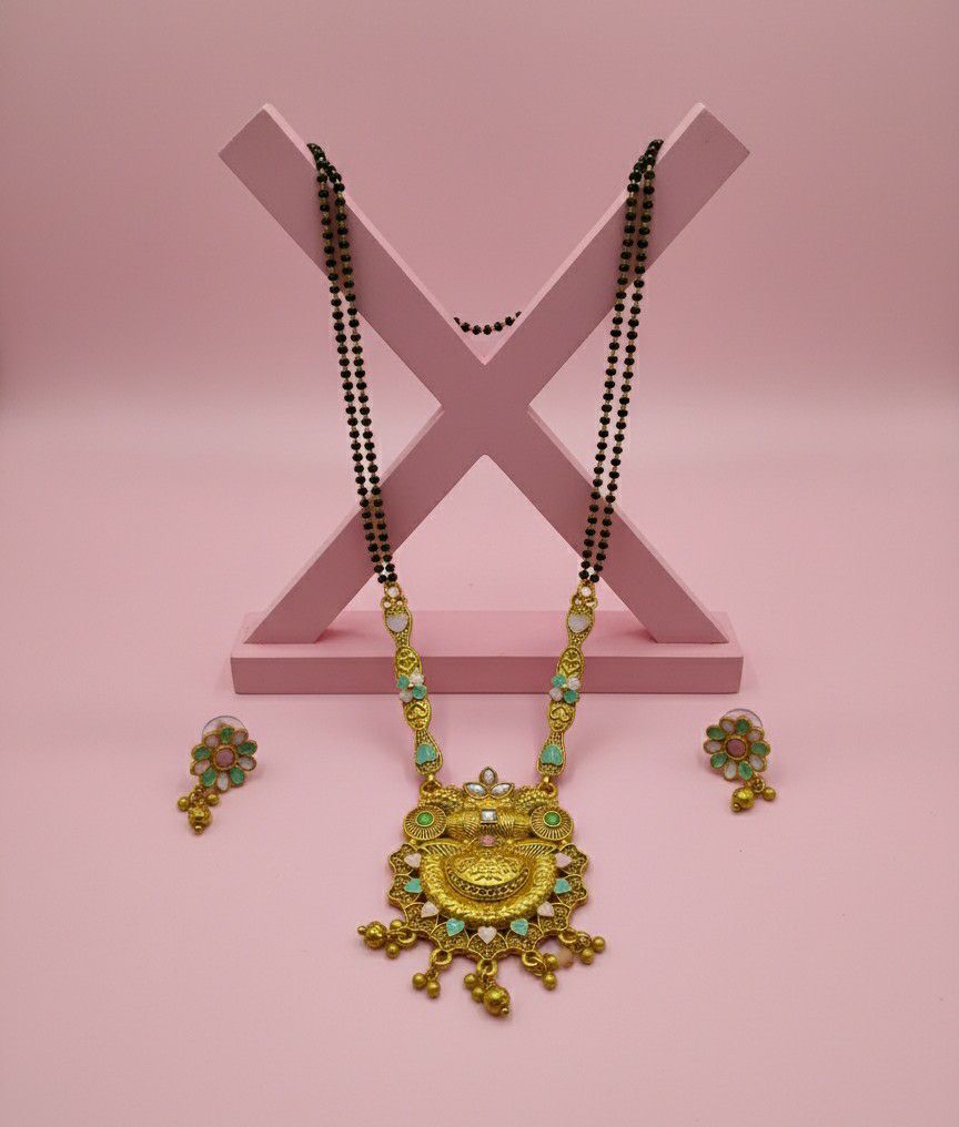 Gold Plated American Diamond Long Mangalsutra Set for Women | Black Bead Mangalsutra with Matching Earrings | Brass Jewellery | M-30