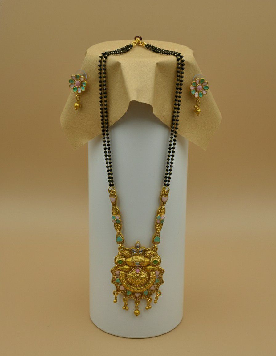Gold Plated American Diamond Long Mangalsutra Set for Women | Black Bead Mangalsutra with Matching Earrings | Brass Jewellery | M-30