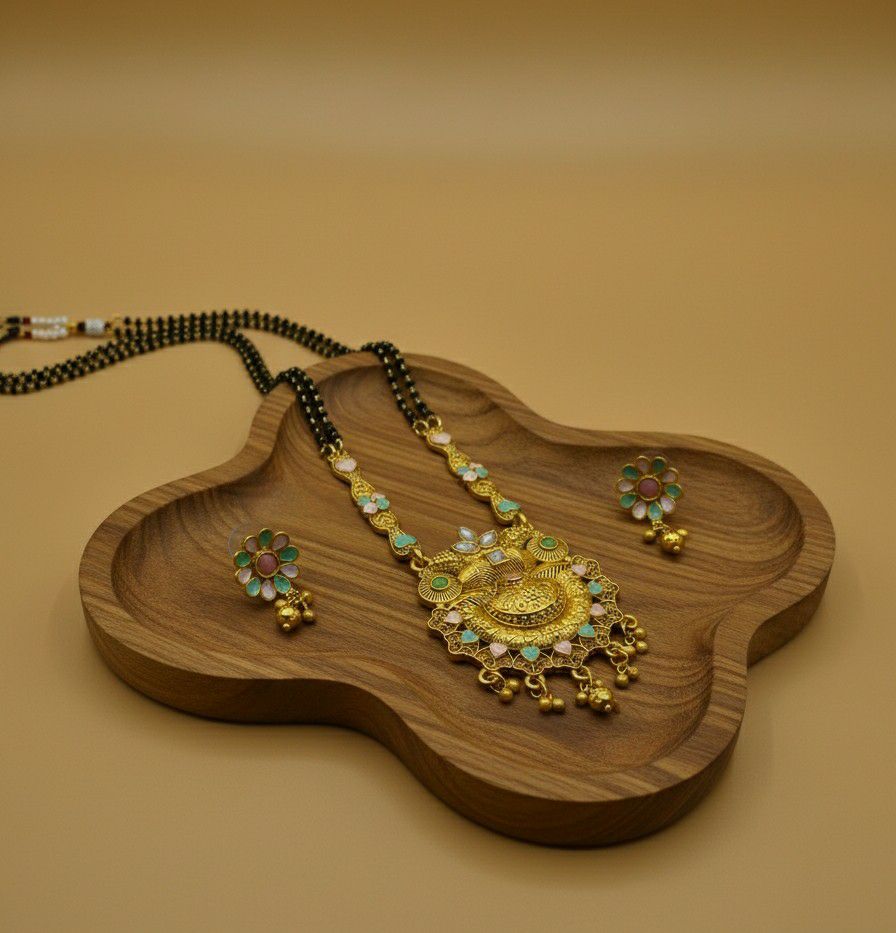 Gold Plated American Diamond Long Mangalsutra Set for Women | Black Bead Mangalsutra with Matching Earrings | Brass Jewellery | M-30