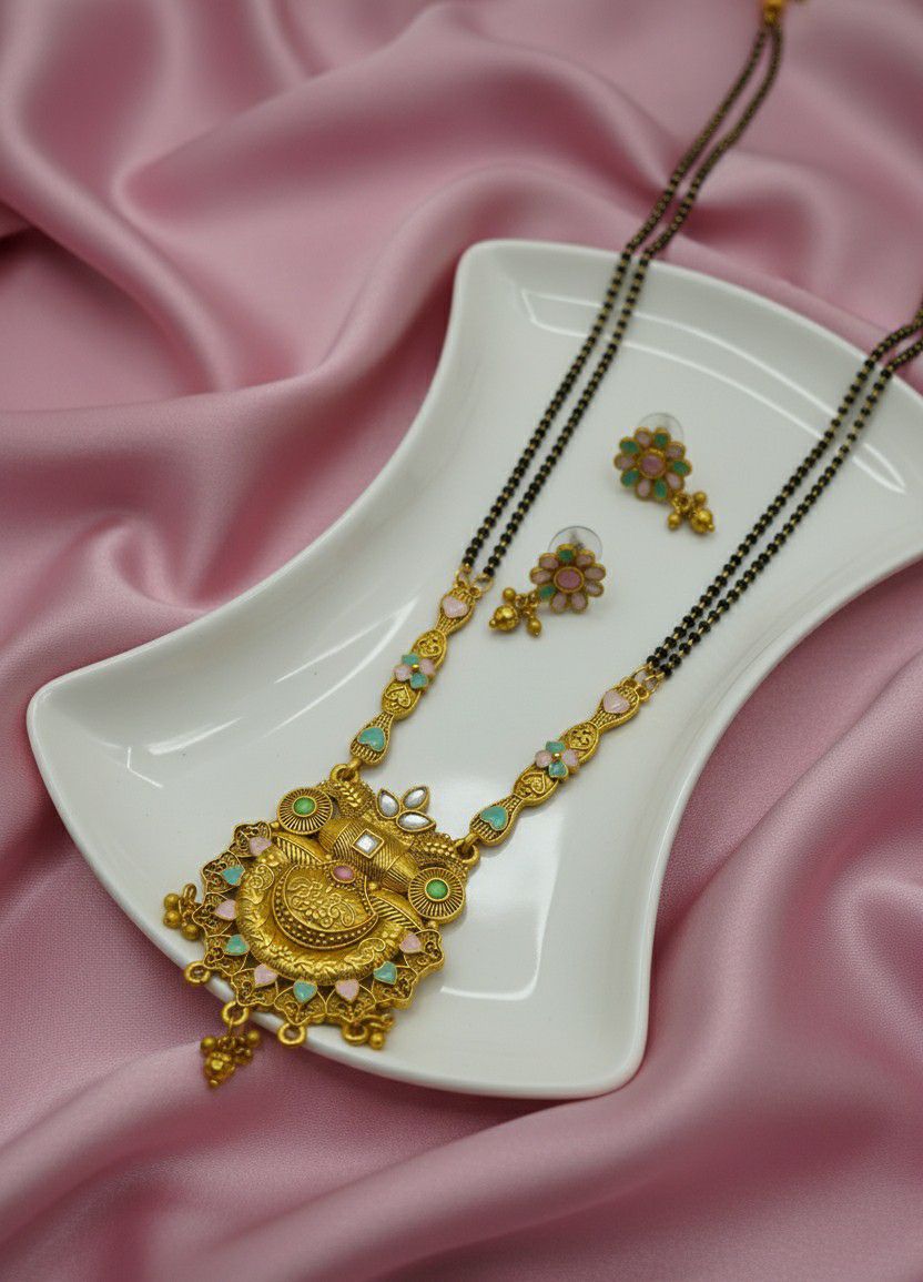 Gold Plated American Diamond Long Mangalsutra Set for Women | Black Bead Mangalsutra with Matching Earrings | Brass Jewellery | M-30
