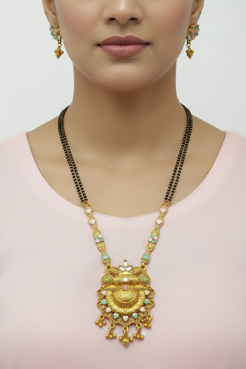 Gold Plated American Diamond Long Mangalsutra Set for Women | Black Bead Mangalsutra with Matching Earrings | Brass Jewellery | M-30