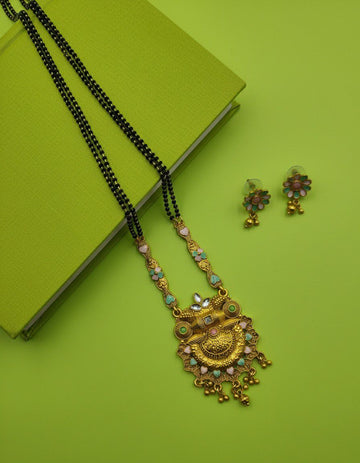 Gold Plated American Diamond Long Mangalsutra Set for Women | Black Bead Mangalsutra with Matching Earrings | Brass Jewellery | M-30