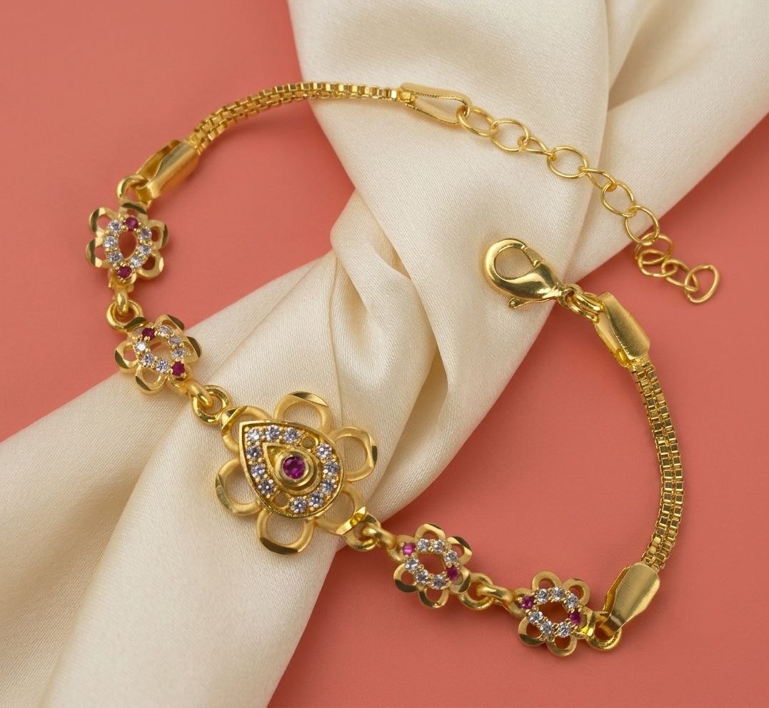 Gold Plated CZ Diamond Chain Bracelet for Women | Adjustable Brass Fancy Bracelet | Elegant Party Wear Jewellery | B-62