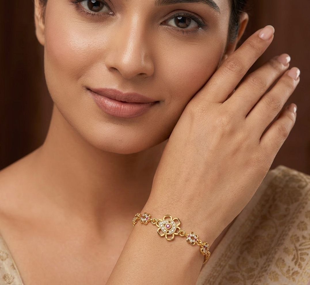 Gold Plated CZ Diamond Chain Bracelet for Women | Adjustable Brass Fancy Bracelet | Elegant Party Wear Jewellery | B-62