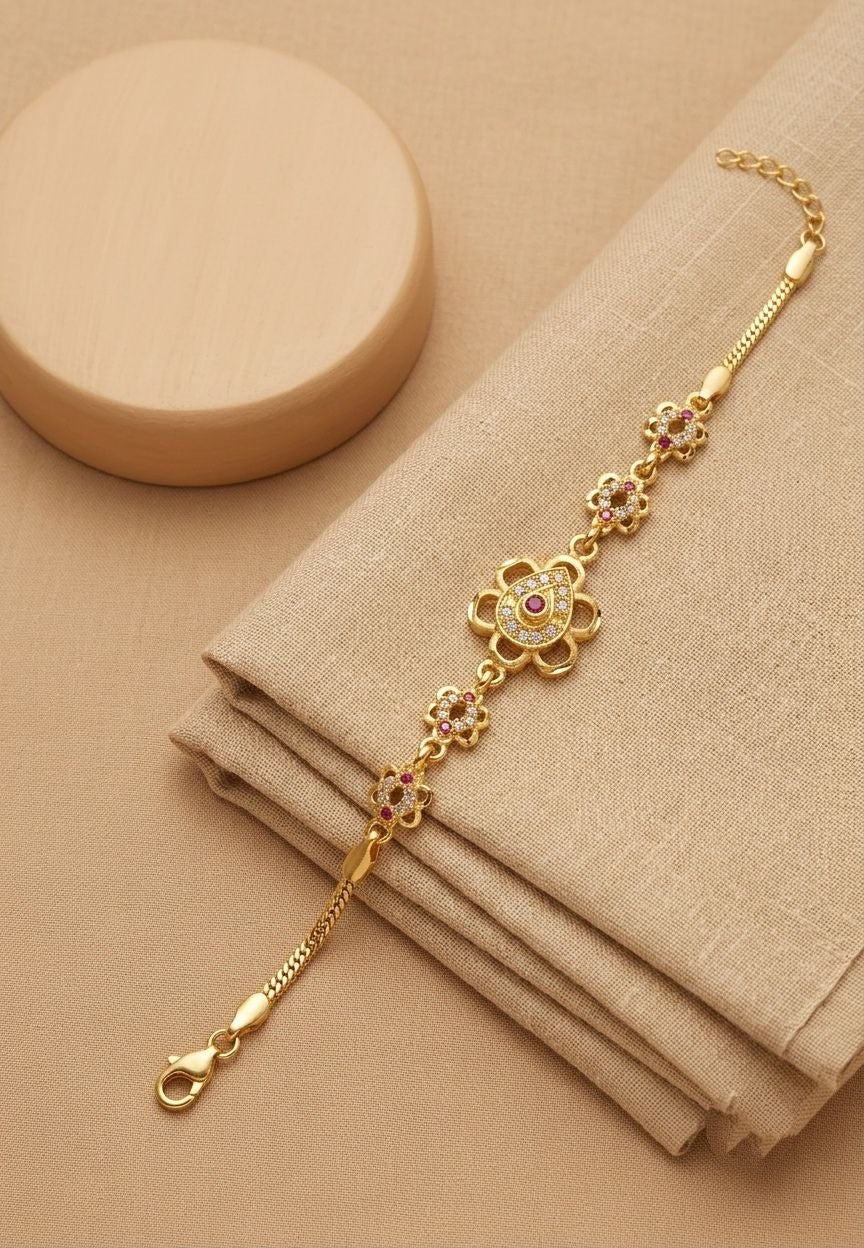 Gold Plated CZ Diamond Chain Bracelet for Women | Adjustable Brass Fancy Bracelet | Elegant Party Wear Jewellery | B-62