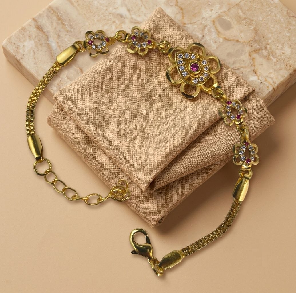 Gold Plated CZ Diamond Chain Bracelet for Women | Adjustable Brass Fancy Bracelet | Elegant Party Wear Jewellery | B-62