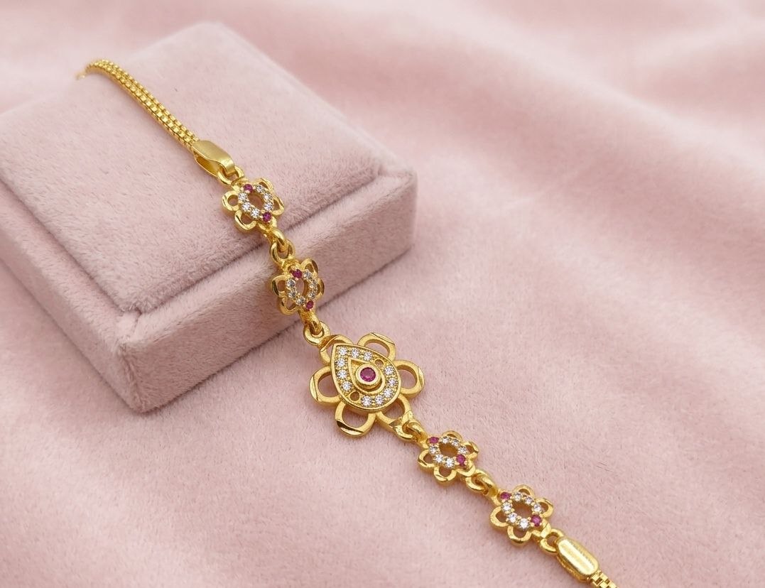 Gold Plated CZ Diamond Chain Bracelet for Women | Adjustable Brass Fancy Bracelet | Elegant Party Wear Jewellery | B-62