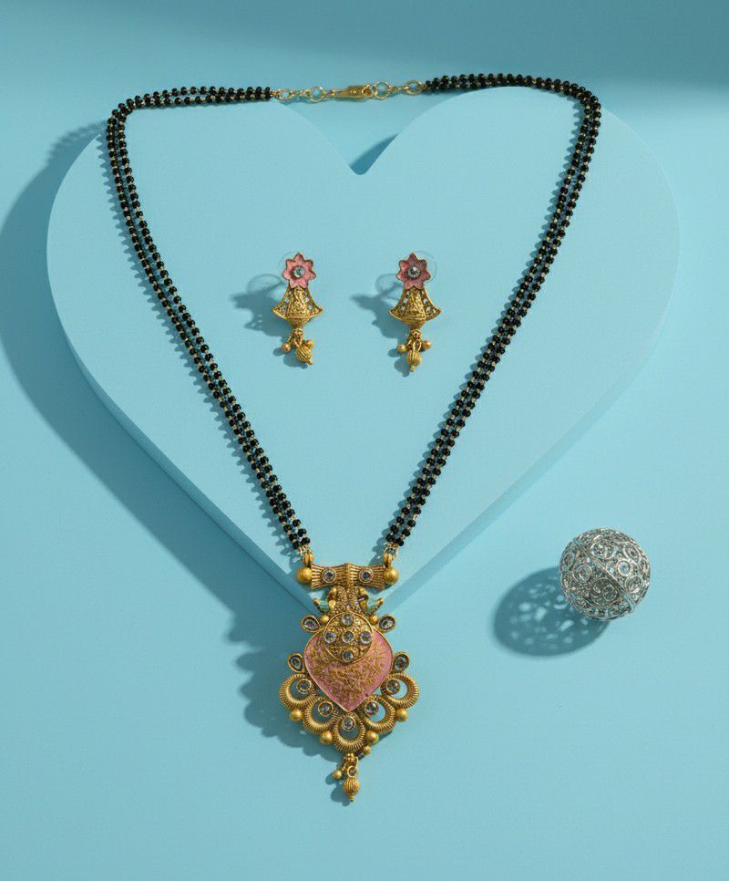 Gold Plated American Diamond Long Mangalsutra Set for Women | Black Bead Mangalsutra with Matching Earrings | Brass Jewellery | M-31