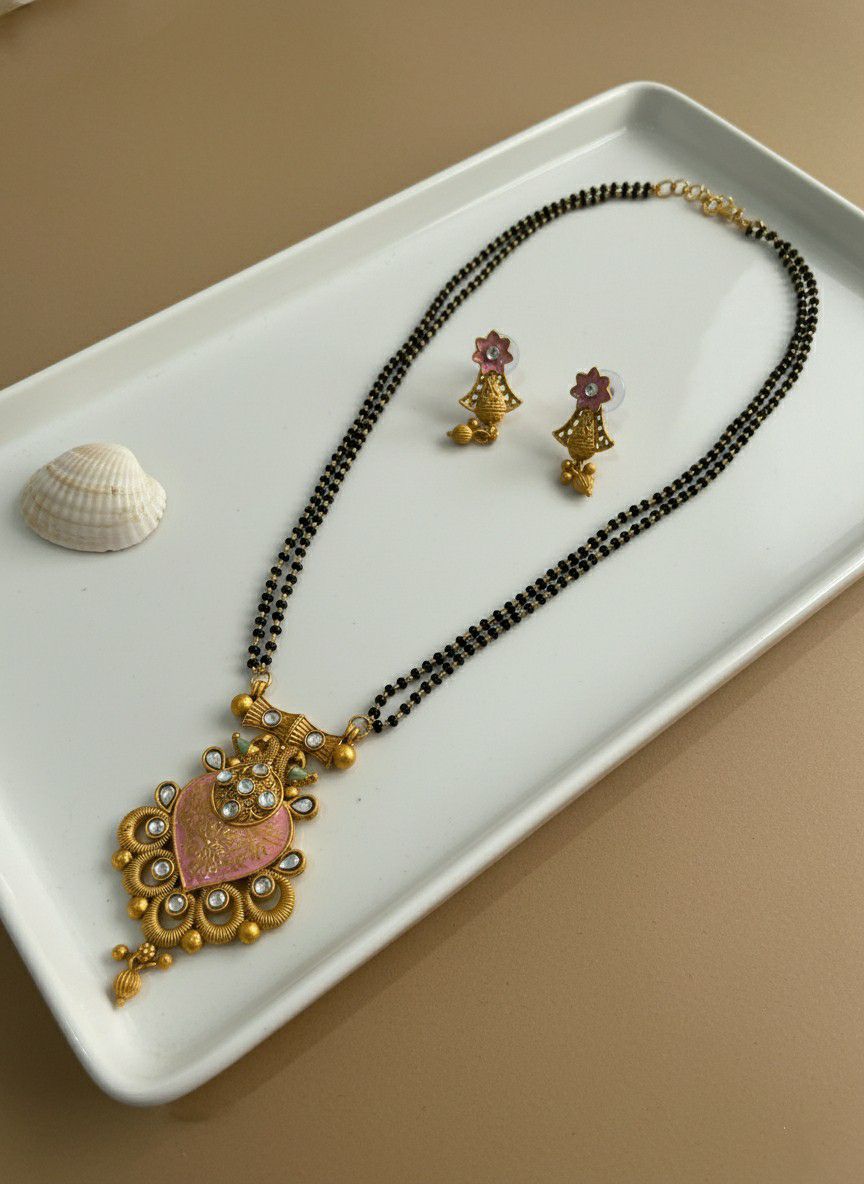 Gold Plated American Diamond Long Mangalsutra Set for Women | Black Bead Mangalsutra with Matching Earrings | Brass Jewellery | M-31