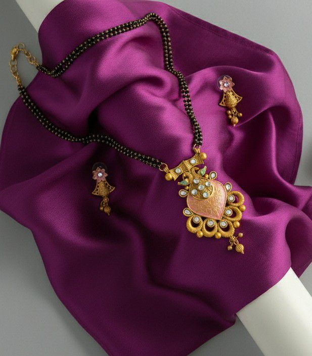 Gold Plated American Diamond Long Mangalsutra Set for Women | Black Bead Mangalsutra with Matching Earrings | Brass Jewellery | M-31