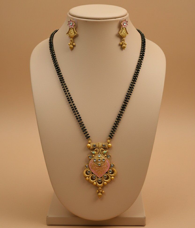 Gold Plated American Diamond Long Mangalsutra Set for Women | Black Bead Mangalsutra with Matching Earrings | Brass Jewellery | M-31