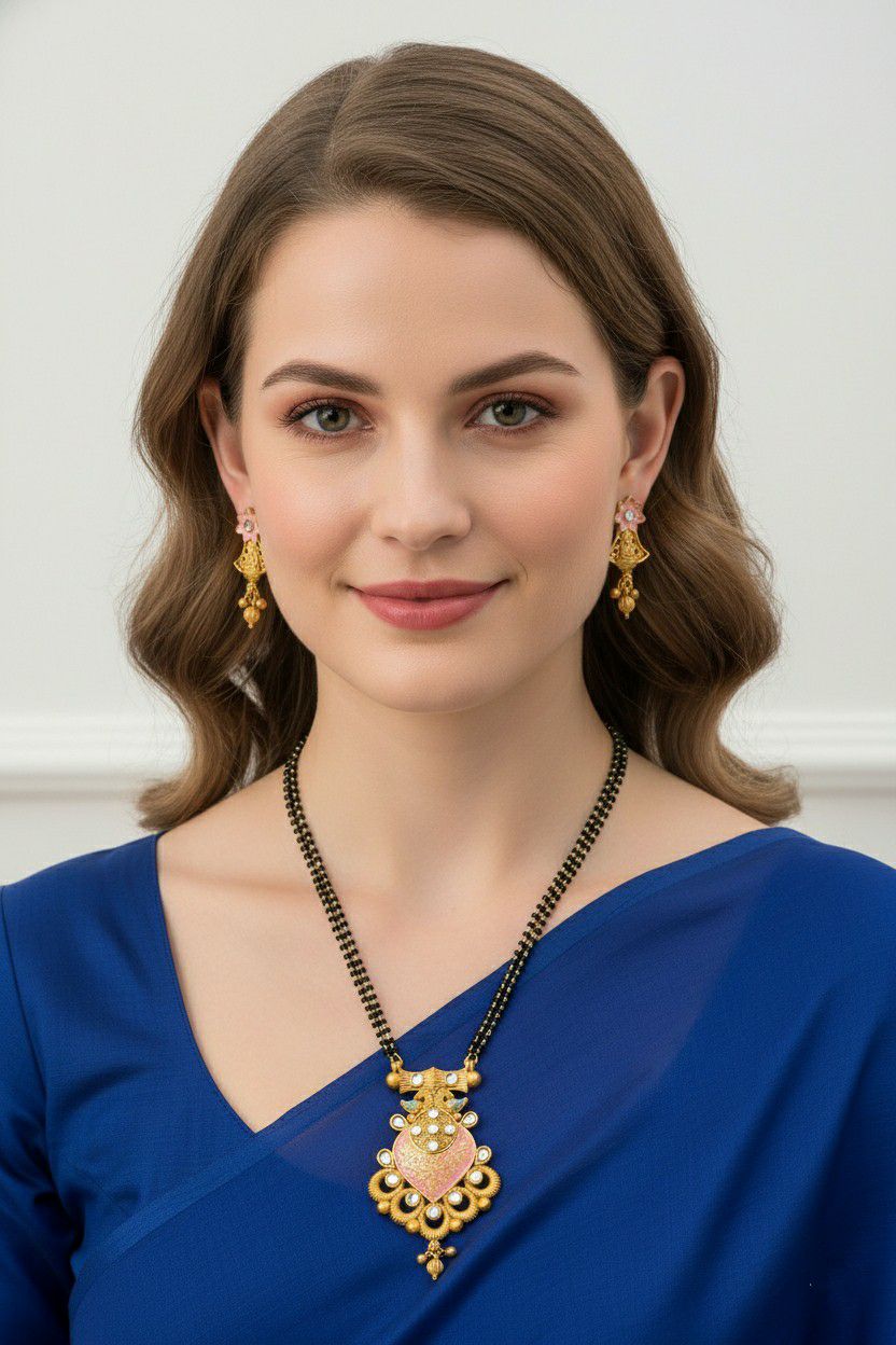 Gold Plated American Diamond Long Mangalsutra Set for Women | Black Bead Mangalsutra with Matching Earrings | Brass Jewellery | M-31