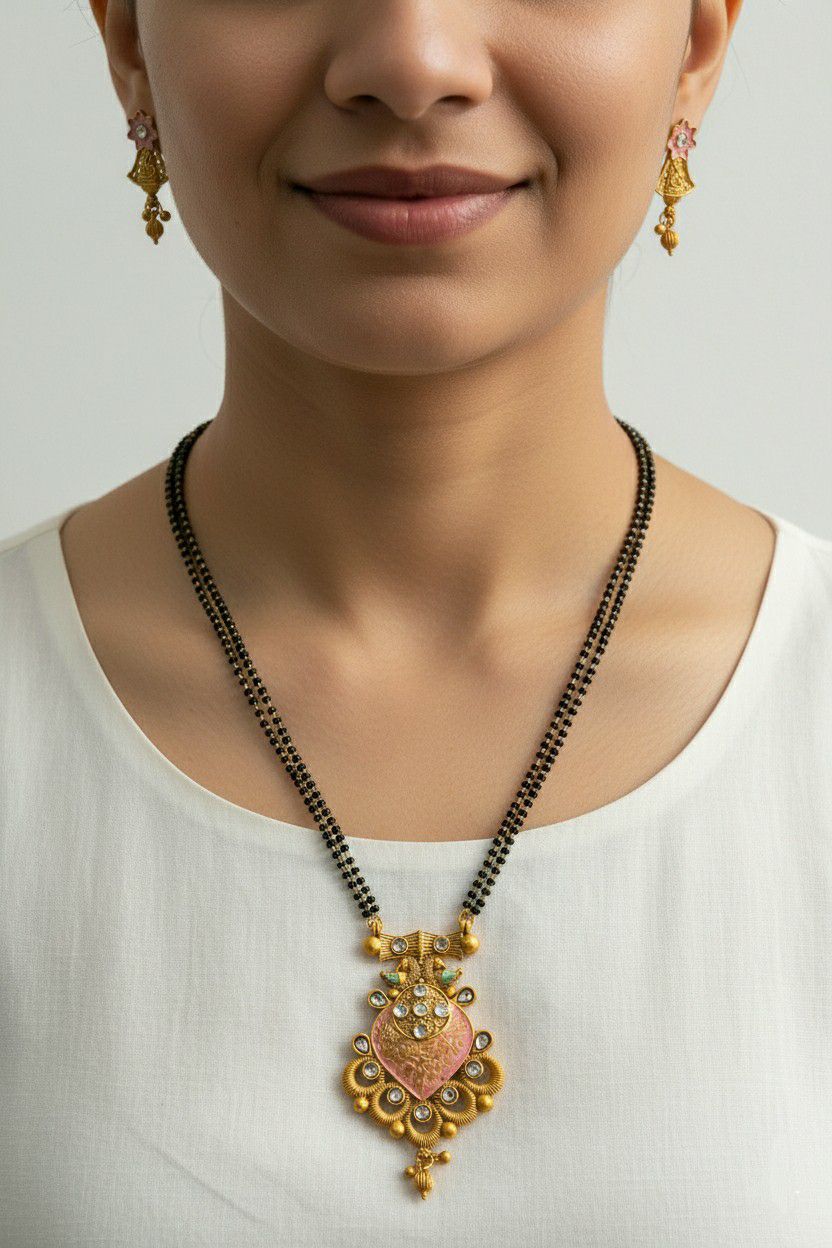 Gold Plated American Diamond Long Mangalsutra Set for Women | Black Bead Mangalsutra with Matching Earrings | Brass Jewellery | M-31
