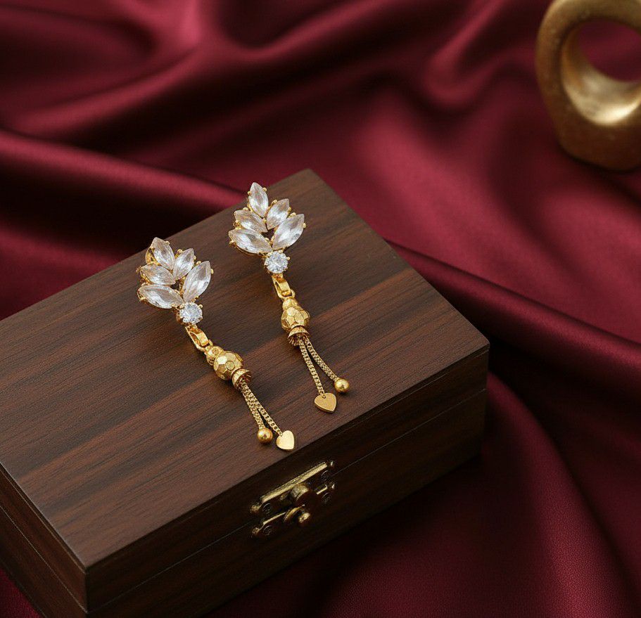 Gold Plated American Diamond Suidhaga Long Earrings for Women | Threader Latkan Earrings | Brass Jewellery | EA-9