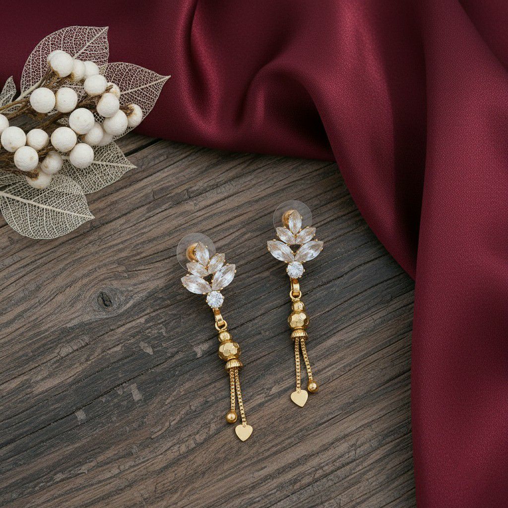 Gold Plated American Diamond Suidhaga Long Earrings for Women | Threader Latkan Earrings | Brass Jewellery | EA-9