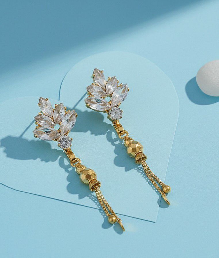 Gold Plated American Diamond Suidhaga Long Earrings for Women | Threader Latkan Earrings | Brass Jewellery | EA-9