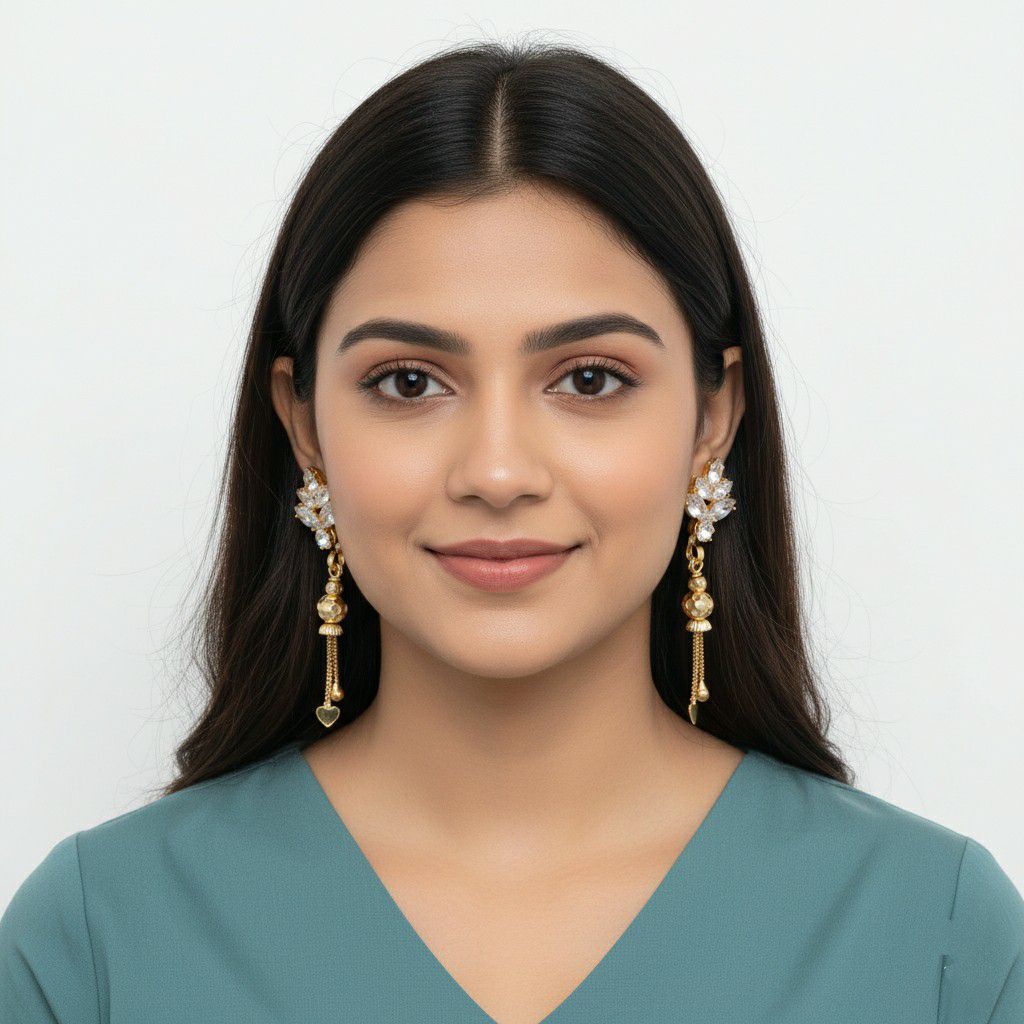 Gold Plated American Diamond Suidhaga Long Earrings for Women | Threader Latkan Earrings | Brass Jewellery | EA-9