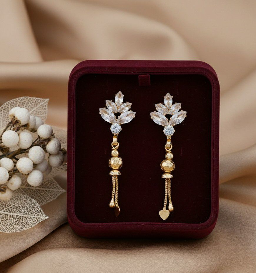 Gold Plated American Diamond Suidhaga Long Earrings for Women | Threader Latkan Earrings | Brass Jewellery | EA-9