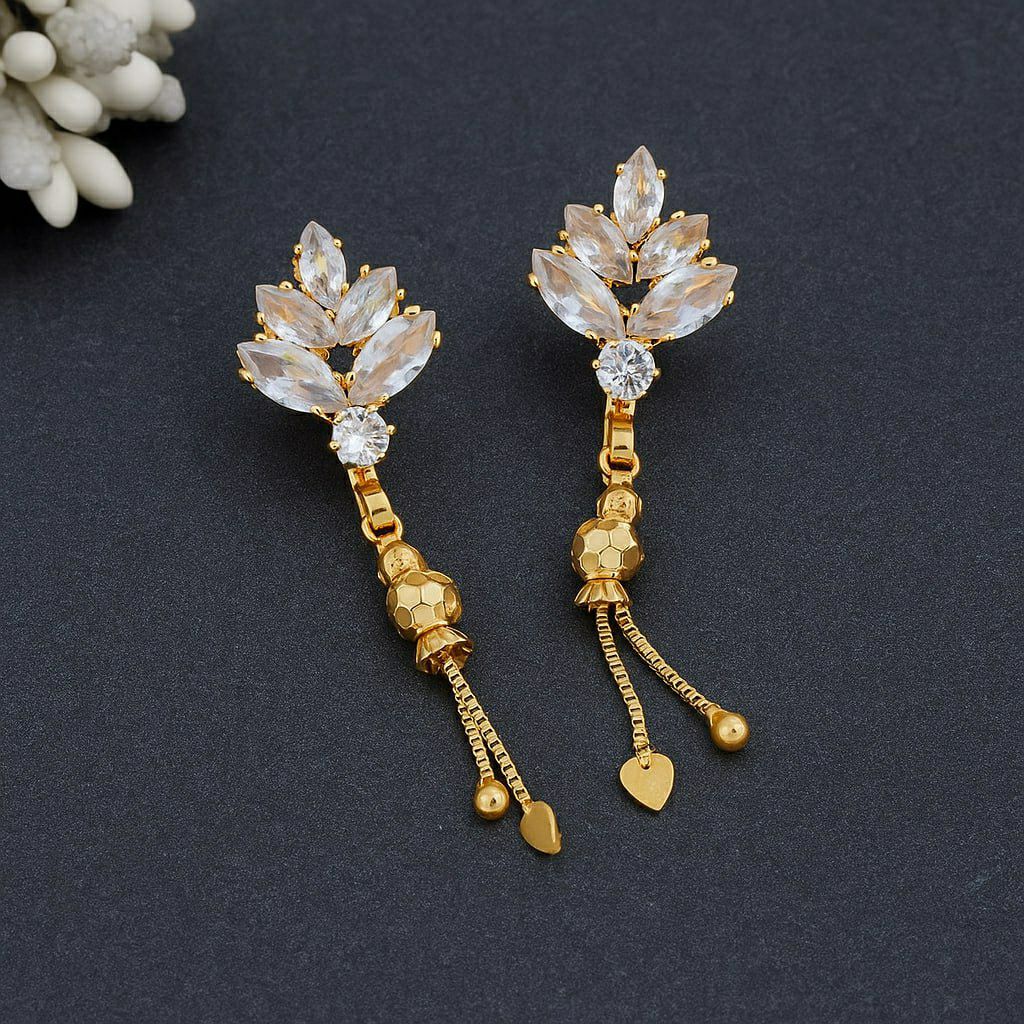 Gold Plated American Diamond Suidhaga Long Earrings for Women | Threader Latkan Earrings | Brass Jewellery | EA-9