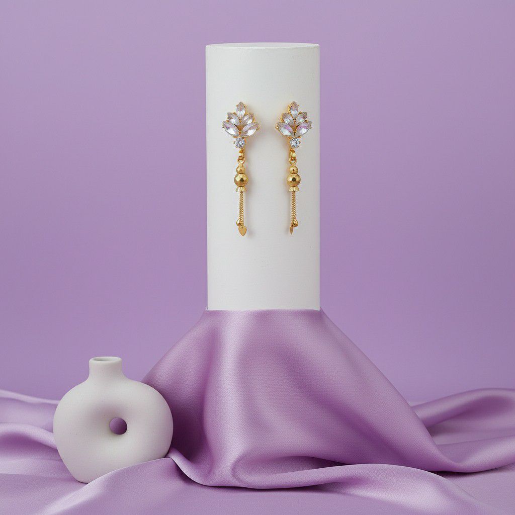 Gold Plated American Diamond Suidhaga Long Earrings for Women | Threader Latkan Earrings | Brass Jewellery | EA-9
