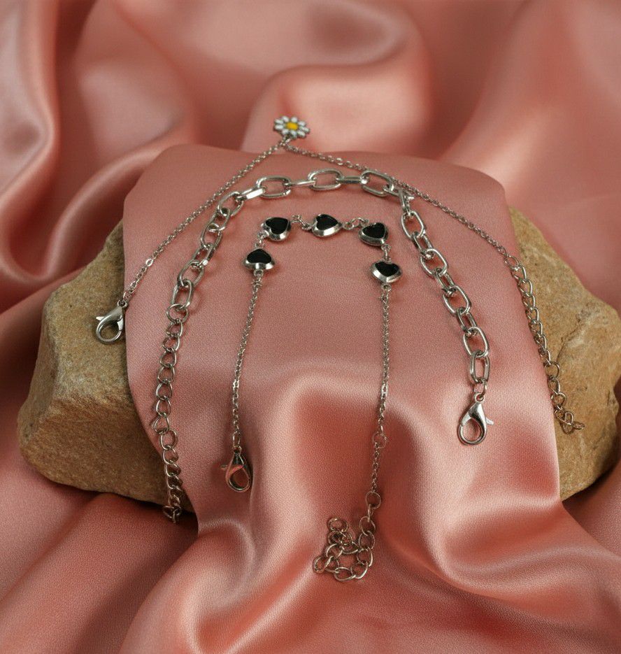 Silver Plated Heart Bracelet Combo for Women | Adjustable Crystal Chain Bracelets Set of 3 | Brass & Steel Jewellery | B-30