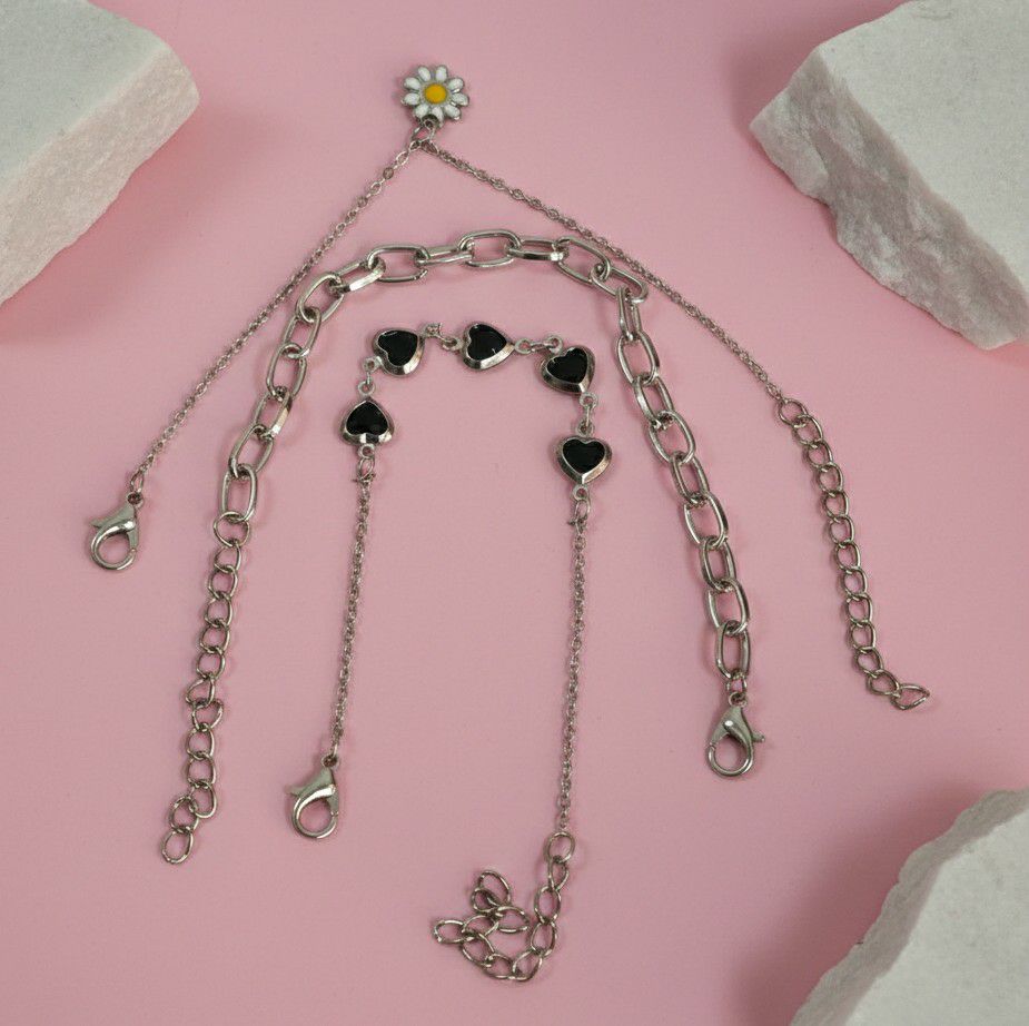 Silver Plated Heart Bracelet Combo for Women | Adjustable Crystal Chain Bracelets Set of 3 | Brass & Steel Jewellery | B-30