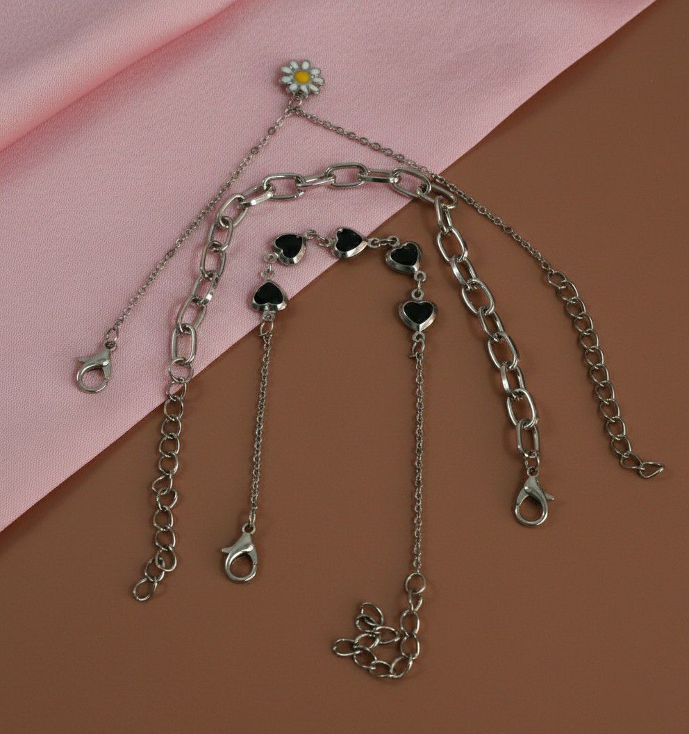 Silver Plated Heart Bracelet Combo for Women | Adjustable Crystal Chain Bracelets Set of 3 | Brass & Steel Jewellery | B-30