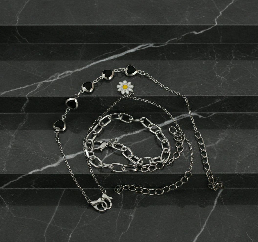 Silver Plated Heart Bracelet Combo for Women | Adjustable Crystal Chain Bracelets Set of 3 | Brass & Steel Jewellery | B-30