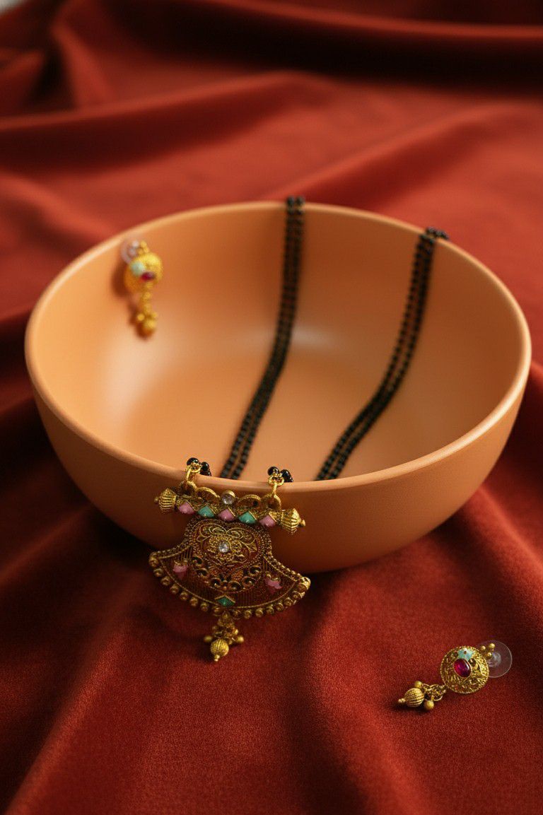 Gold Plated American Diamond Long Mangalsutra Set for Women | Long Black Bead Mangalsutra with Earrings | Brass Jewellery | M-32