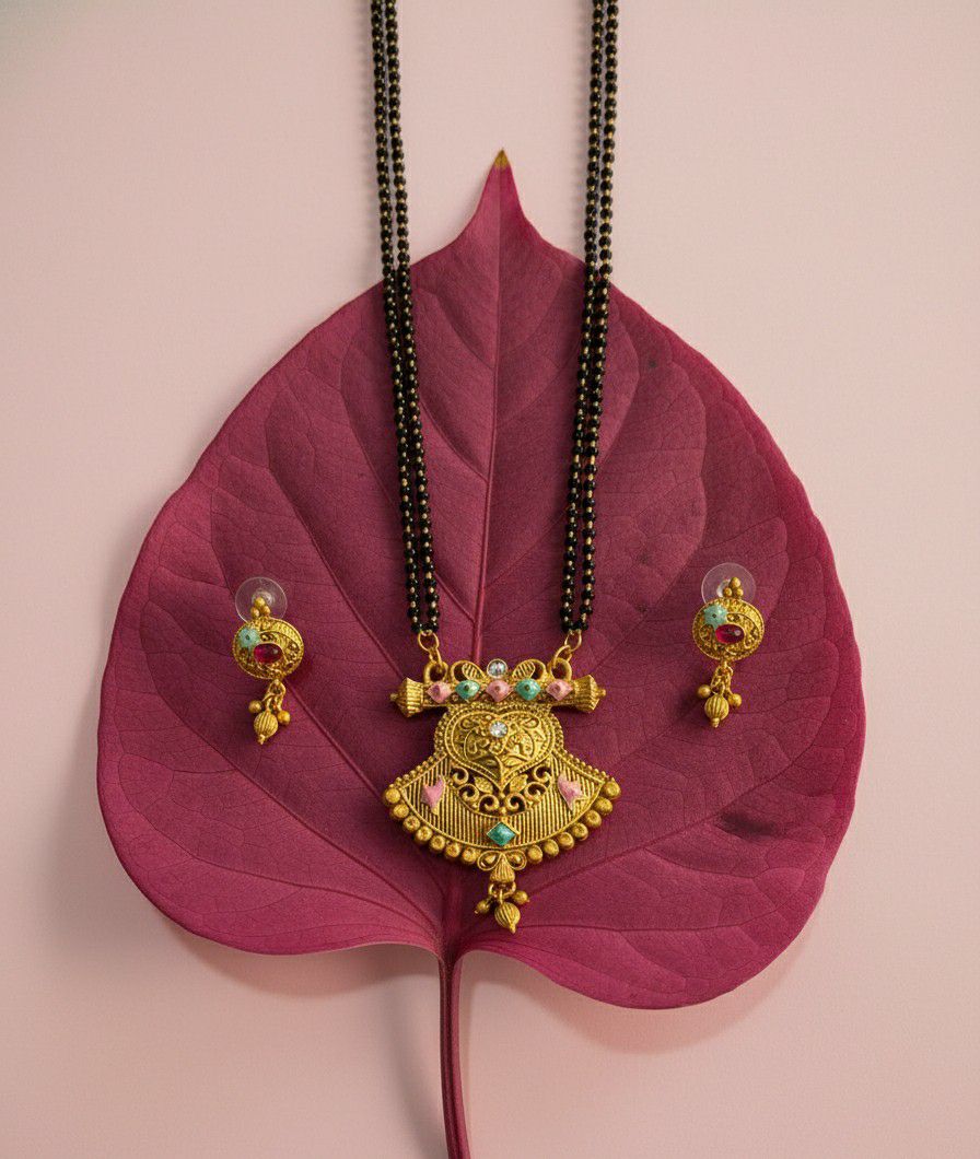 Gold Plated American Diamond Long Mangalsutra Set for Women | Long Black Bead Mangalsutra with Earrings | Brass Jewellery | M-32