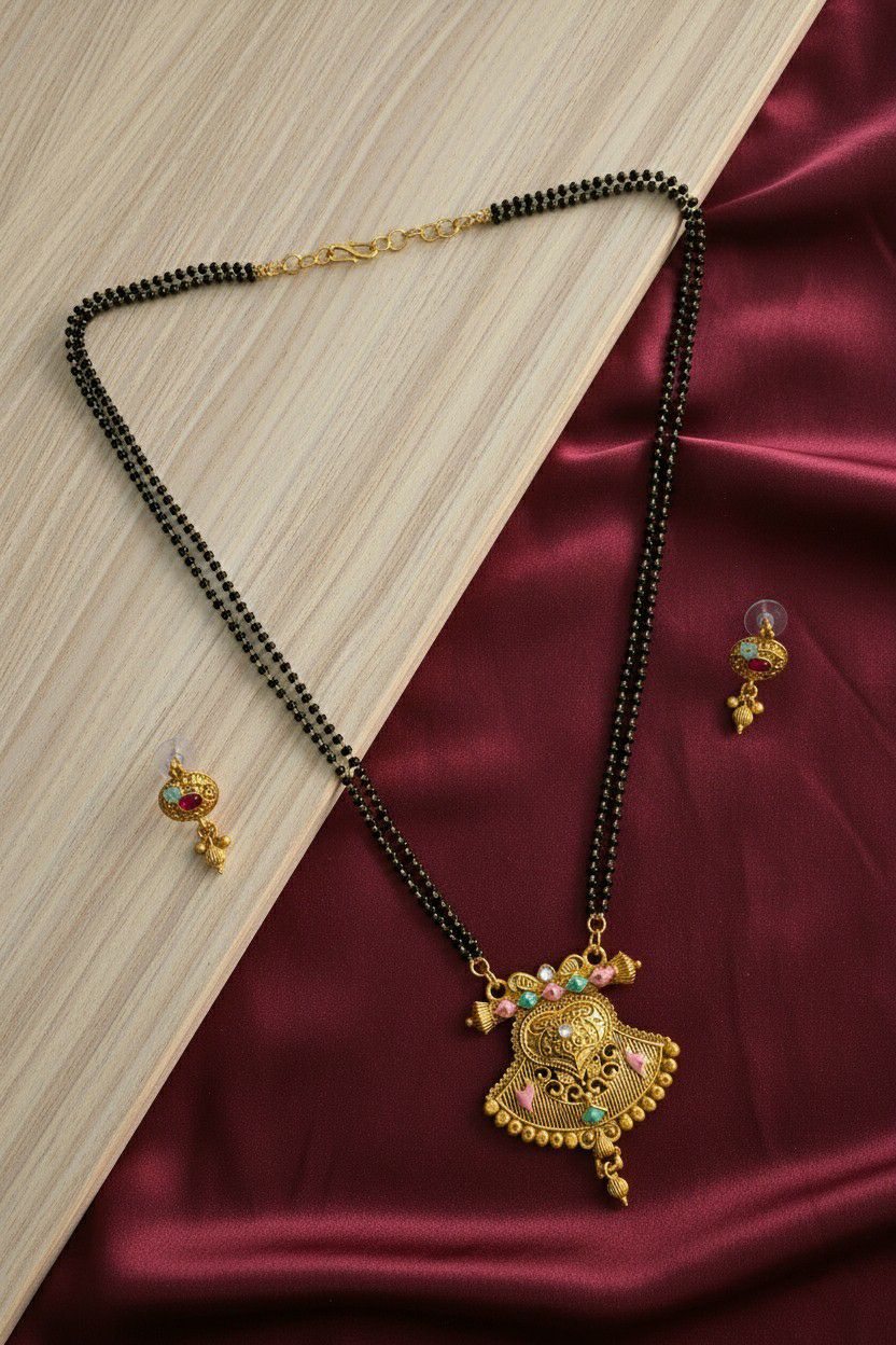 Gold Plated American Diamond Long Mangalsutra Set for Women | Long Black Bead Mangalsutra with Earrings | Brass Jewellery | M-32