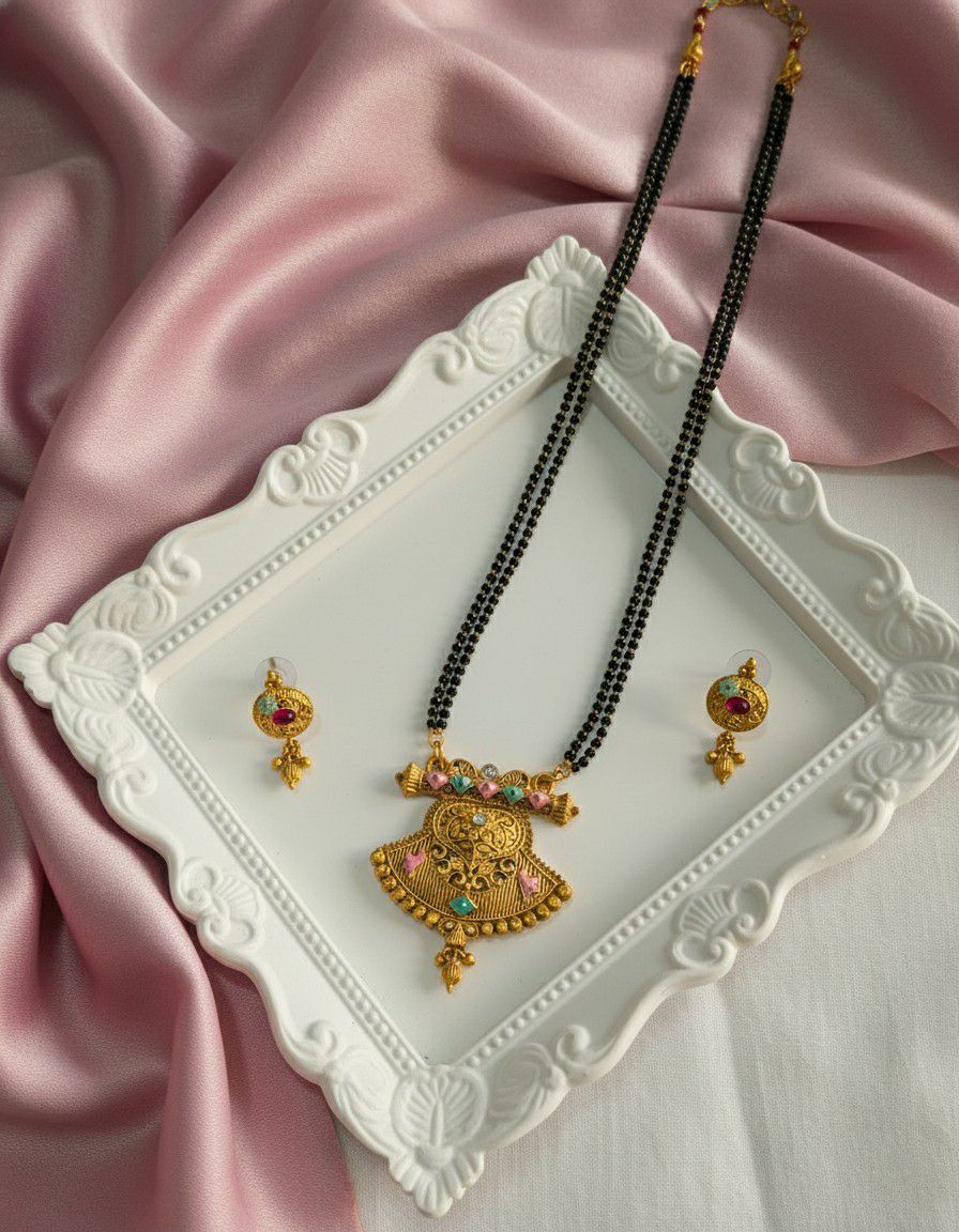 Gold Plated American Diamond Long Mangalsutra Set for Women | Long Black Bead Mangalsutra with Earrings | Brass Jewellery | M-32