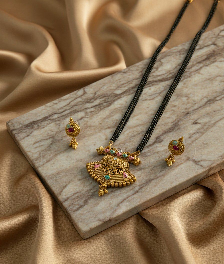 Gold Plated American Diamond Long Mangalsutra Set for Women | Long Black Bead Mangalsutra with Earrings | Brass Jewellery | M-32