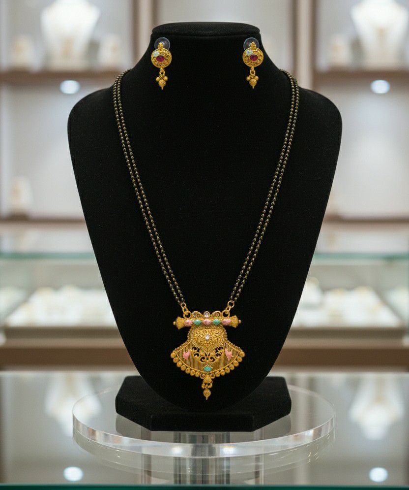 Gold Plated American Diamond Long Mangalsutra Set for Women | Long Black Bead Mangalsutra with Earrings | Brass Jewellery | M-32