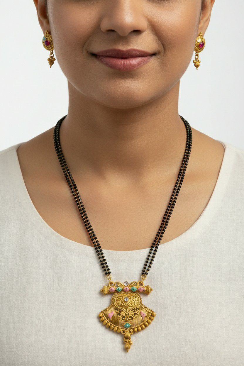 Gold Plated American Diamond Long Mangalsutra Set for Women | Long Black Bead Mangalsutra with Earrings | Brass Jewellery | M-32
