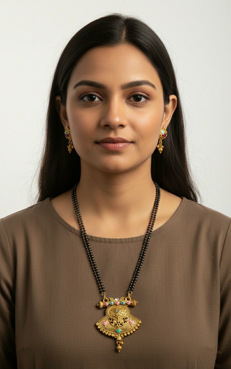 Gold Plated American Diamond Long Mangalsutra Set for Women | Long Black Bead Mangalsutra with Earrings | Brass Jewellery | M-32