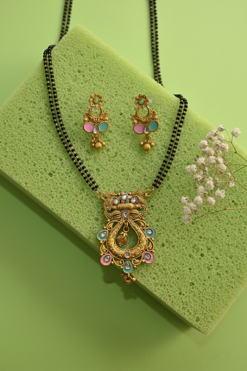 Gold Plated American Diamond Long Mangalsutra Set for Women | Mangalsutra with Matching Earrings | Brass Jewellery | M-33