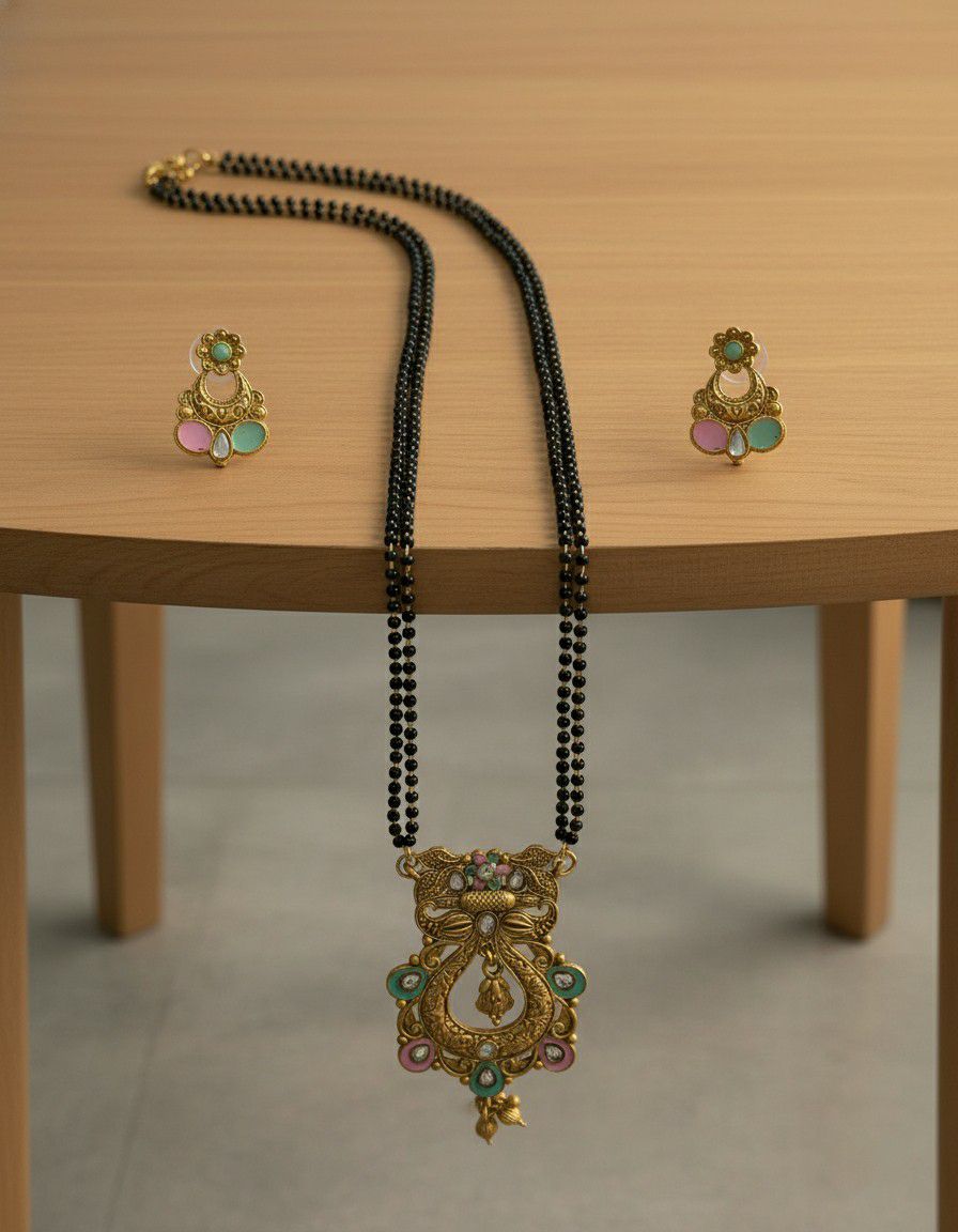 Gold Plated American Diamond Long Mangalsutra Set for Women | Mangalsutra with Matching Earrings | Brass Jewellery | M-33