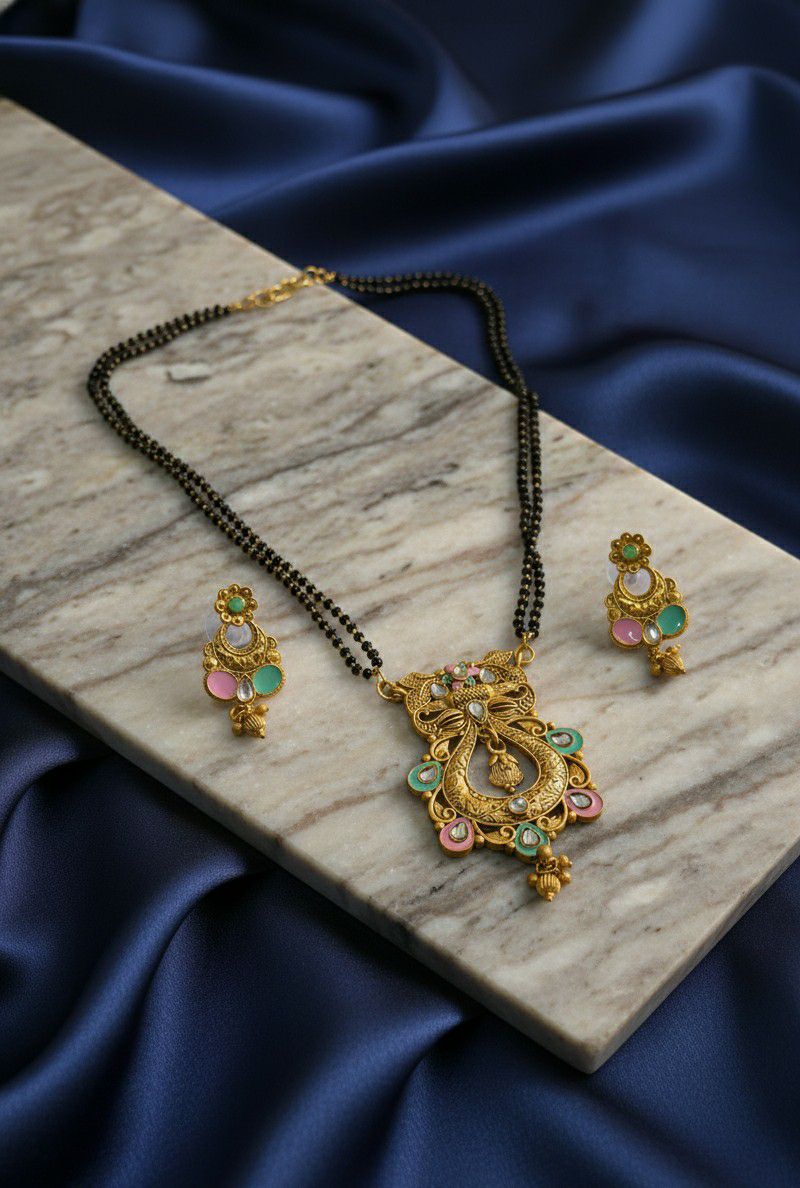 Gold Plated American Diamond Long Mangalsutra Set for Women | Mangalsutra with Matching Earrings | Brass Jewellery | M-33