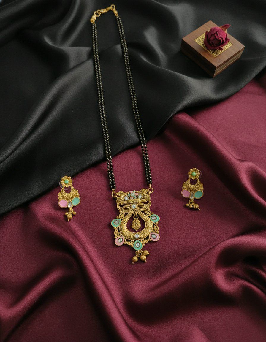 Gold Plated American Diamond Long Mangalsutra Set for Women | Mangalsutra with Matching Earrings | Brass Jewellery | M-33
