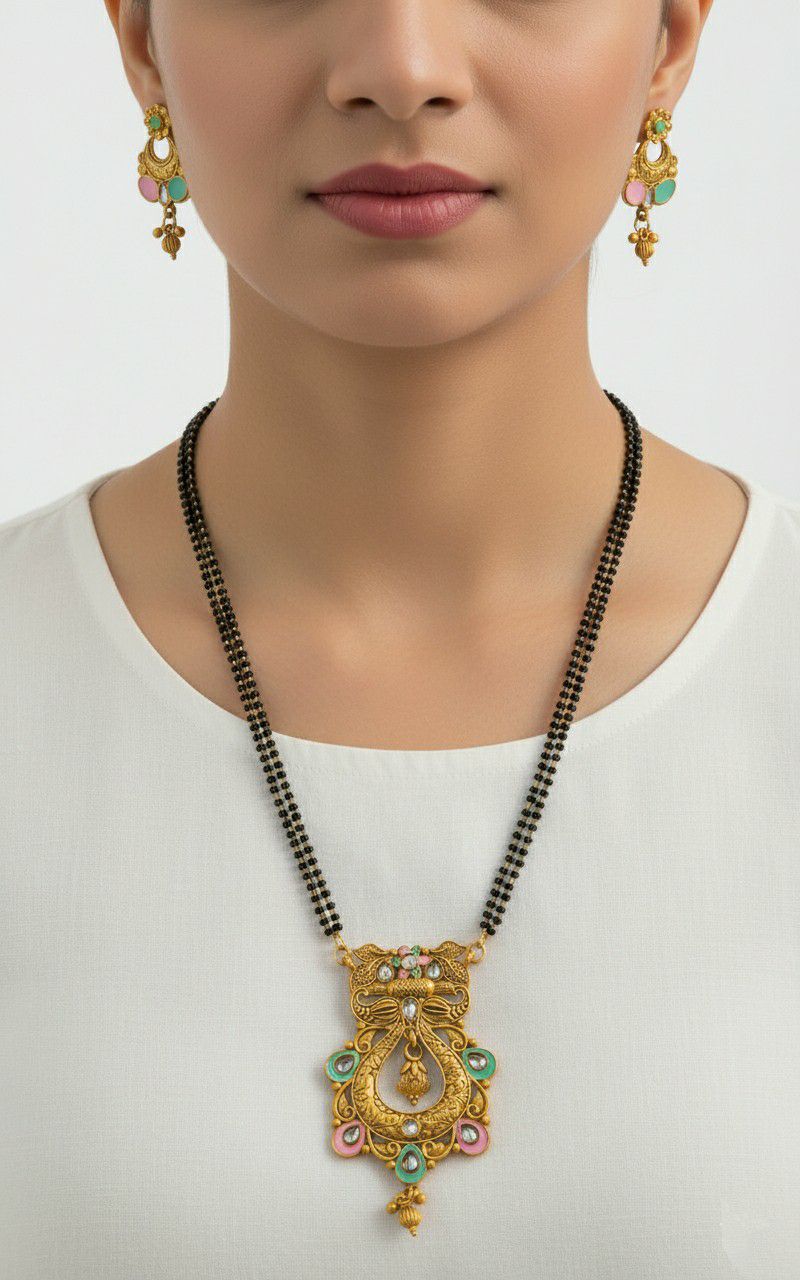 Gold Plated American Diamond Long Mangalsutra Set for Women | Mangalsutra with Matching Earrings | Brass Jewellery | M-33