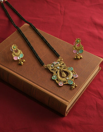 Gold Plated American Diamond Long Mangalsutra Set for Women | Mangalsutra with Matching Earrings | Brass Jewellery | M-33