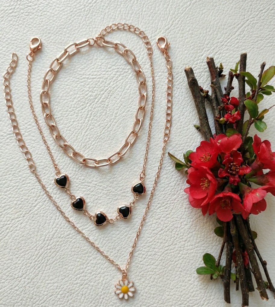 Rose Gold Plated Heart Bracelet Combo for Women | Adjustable Crystal Chain Bracelets Set of 3 | Brass & Steel Jewellery | B-32