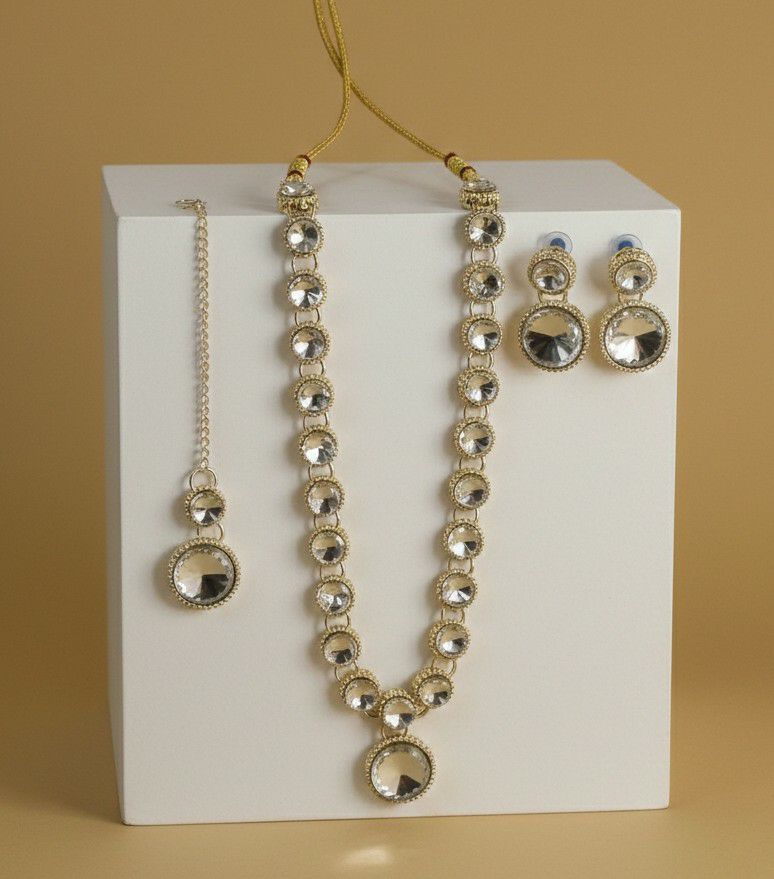 Matte Gold Plated American Diamond Bridal Jewellery Set for Women | Necklace, Earrings & Maang Tikka | Alloy | N-11