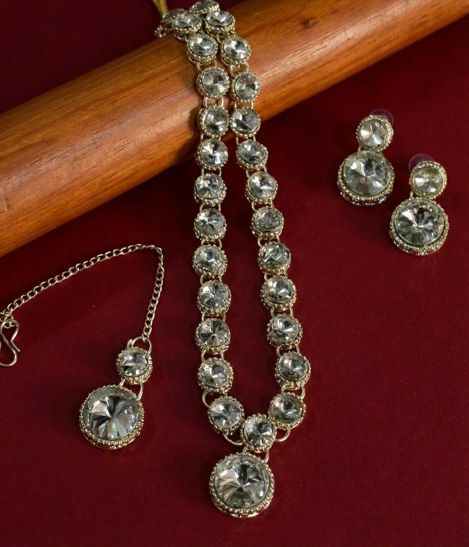 Matte Gold Plated American Diamond Bridal Jewellery Set for Women | Necklace, Earrings & Maang Tikka | Alloy | N-11