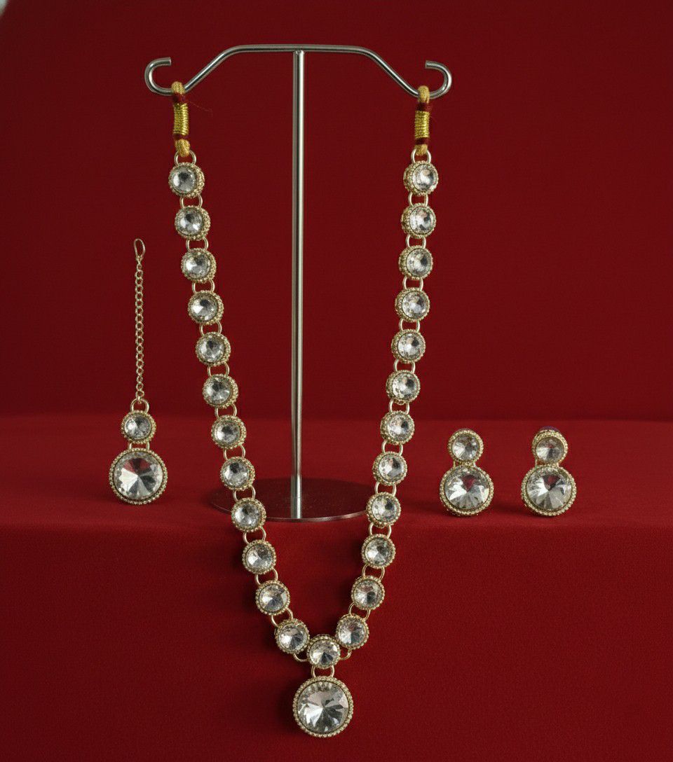 Matte Gold Plated American Diamond Bridal Jewellery Set for Women | Necklace, Earrings & Maang Tikka | Alloy | N-11