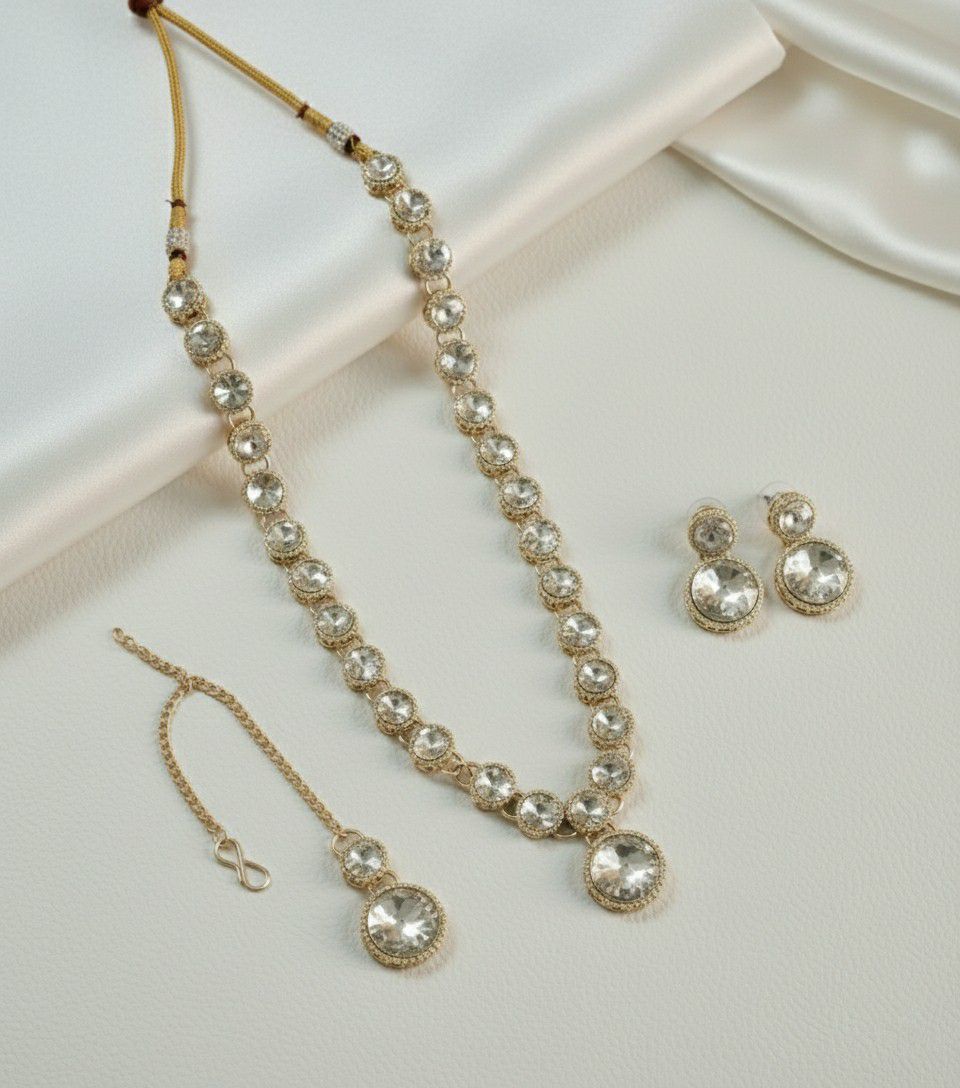 Matte Gold Plated American Diamond Bridal Jewellery Set for Women | Necklace, Earrings & Maang Tikka | Alloy | N-11
