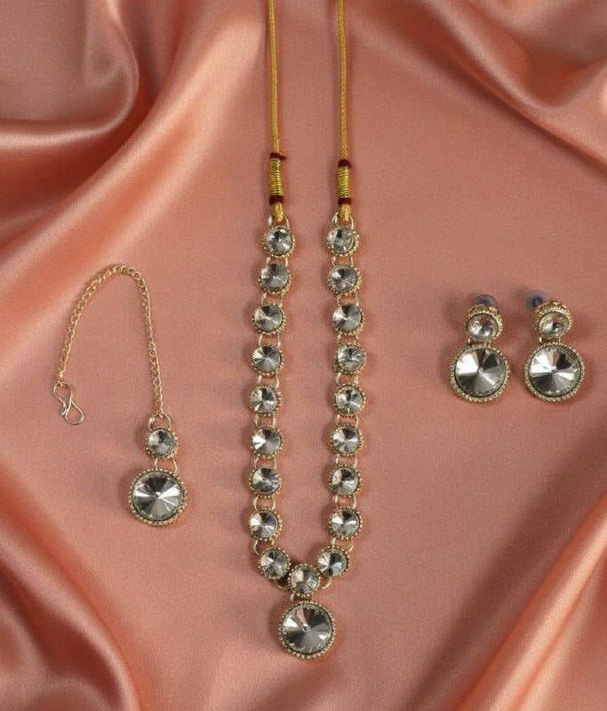 Matte Gold Plated American Diamond Bridal Jewellery Set for Women | Necklace, Earrings & Maang Tikka | Alloy | N-11